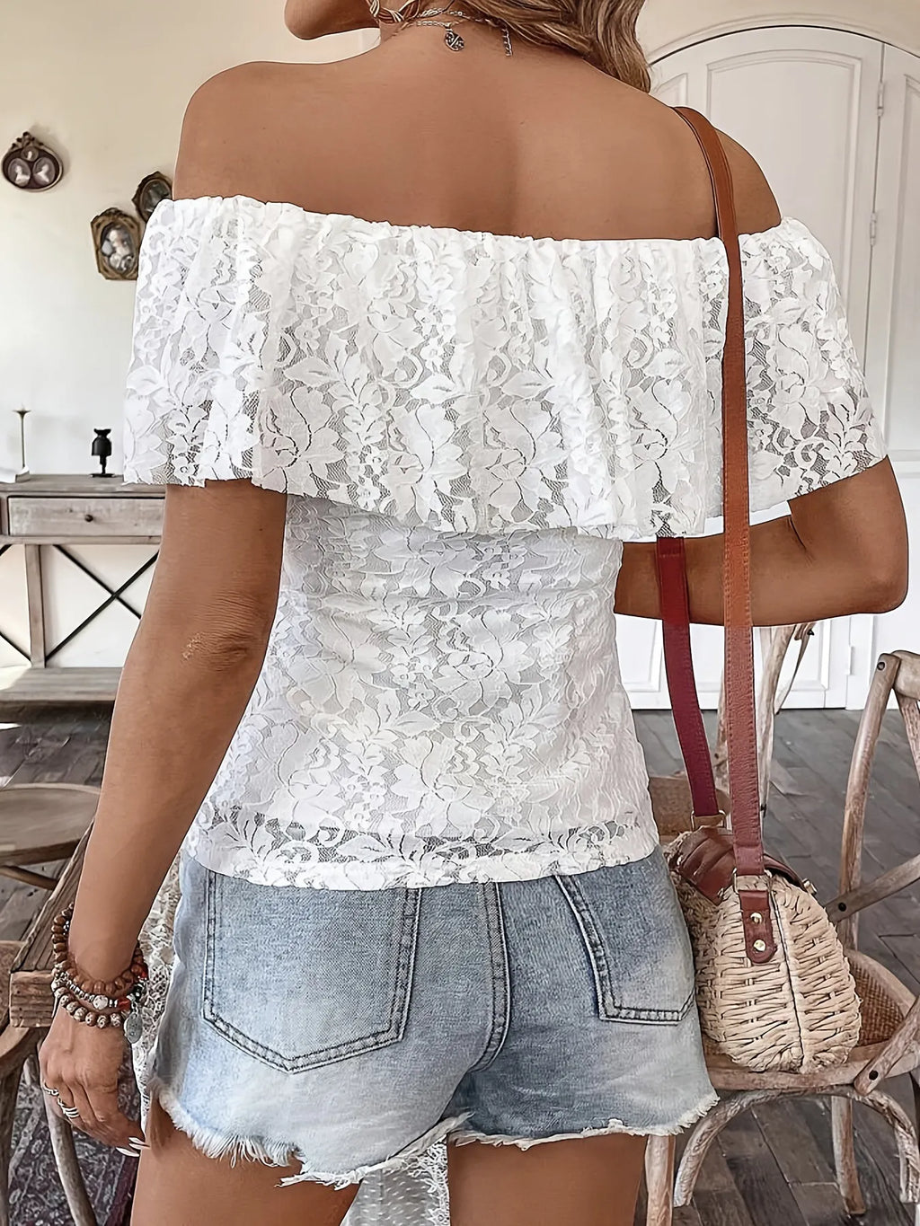 Off Shoulder Blouse White Lace Ruffle Women's Slimming Top ab8e38dbcfc4465d8c11f749531168de-Max-Origin Trendsi
