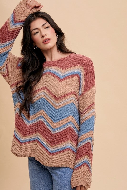Women's Sweater Annie Wear Rose Multi Color Zig-Zag Round Neck Long Sleeve ab94b82c-679c-4f6a-866e-ade1f2022b6a-Max Trendsi