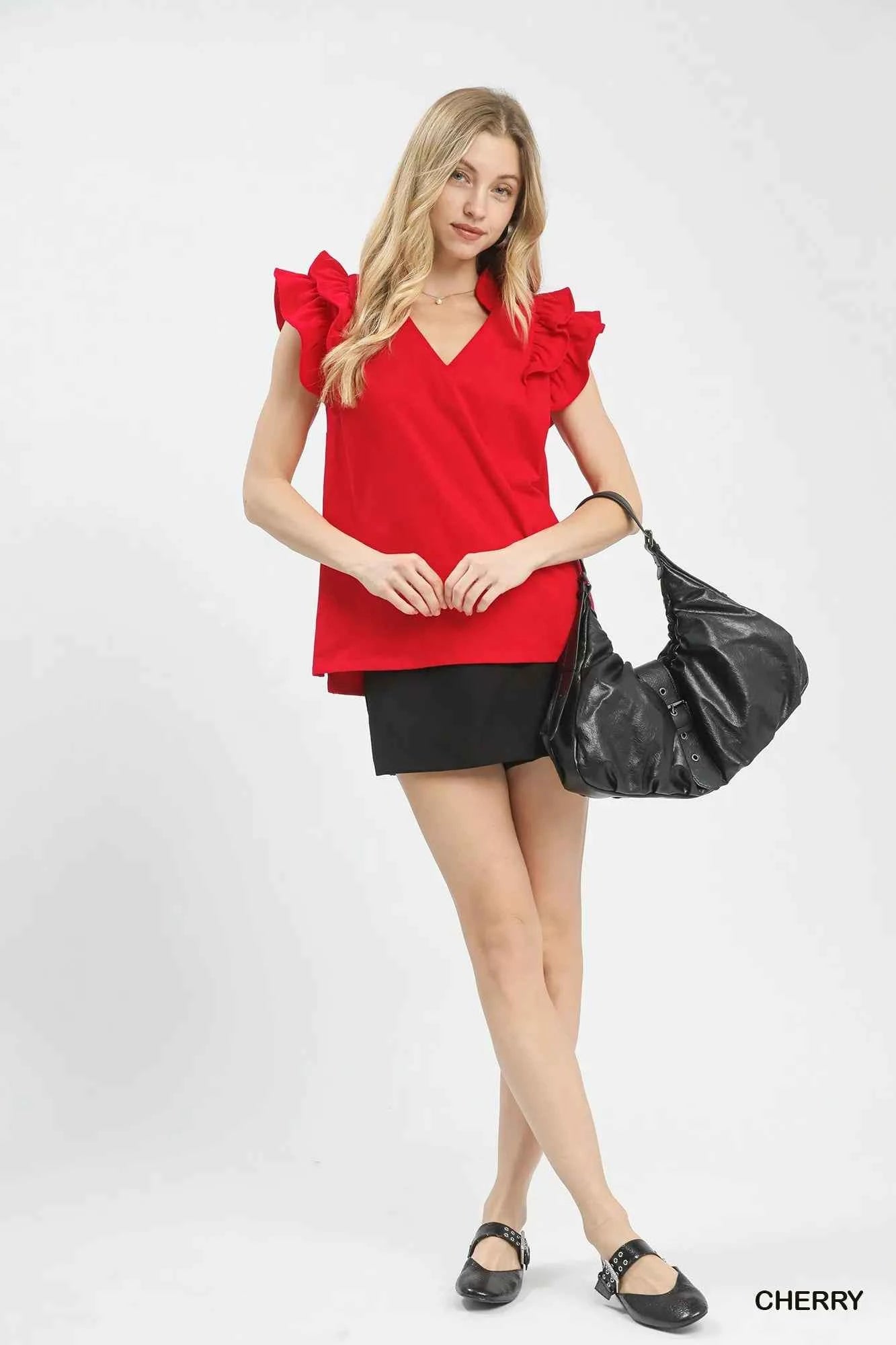 Umgee Blouse Ruffle Short Sleeve Cherry Red V-Neck Top aba2f682-9c33-42ba-9e53-19151fdd9923-Max-Origin Trendsi