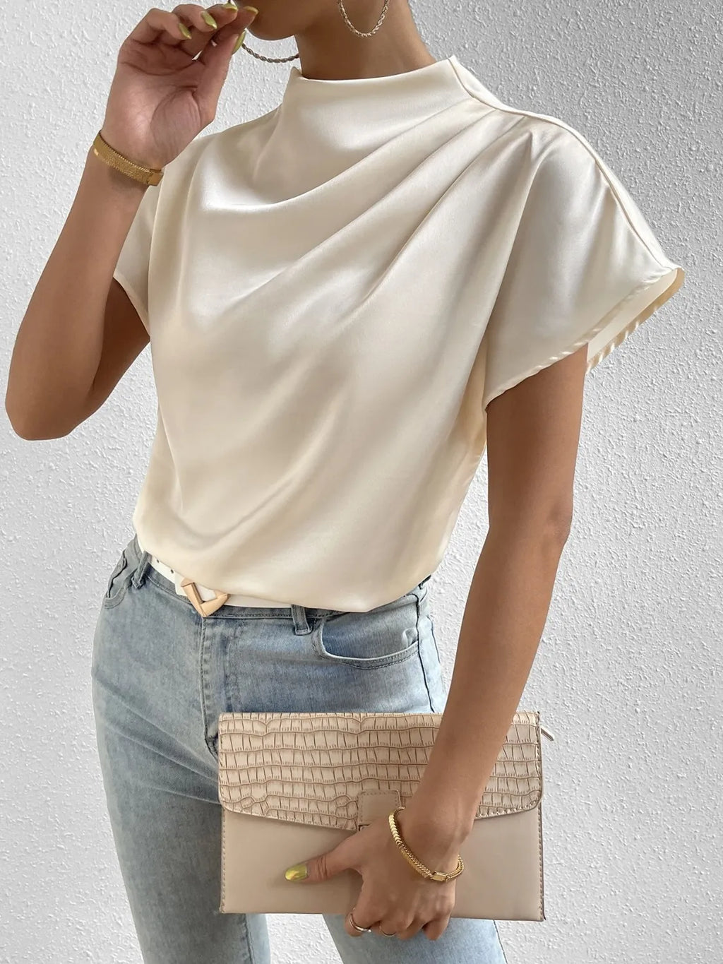 Satin Blouse Mock Neck Pleated Short Sleeve Basic Style Top aba99cc0-9d07-42c5-8793-dad0186501ce-Max-Origin Trendsi