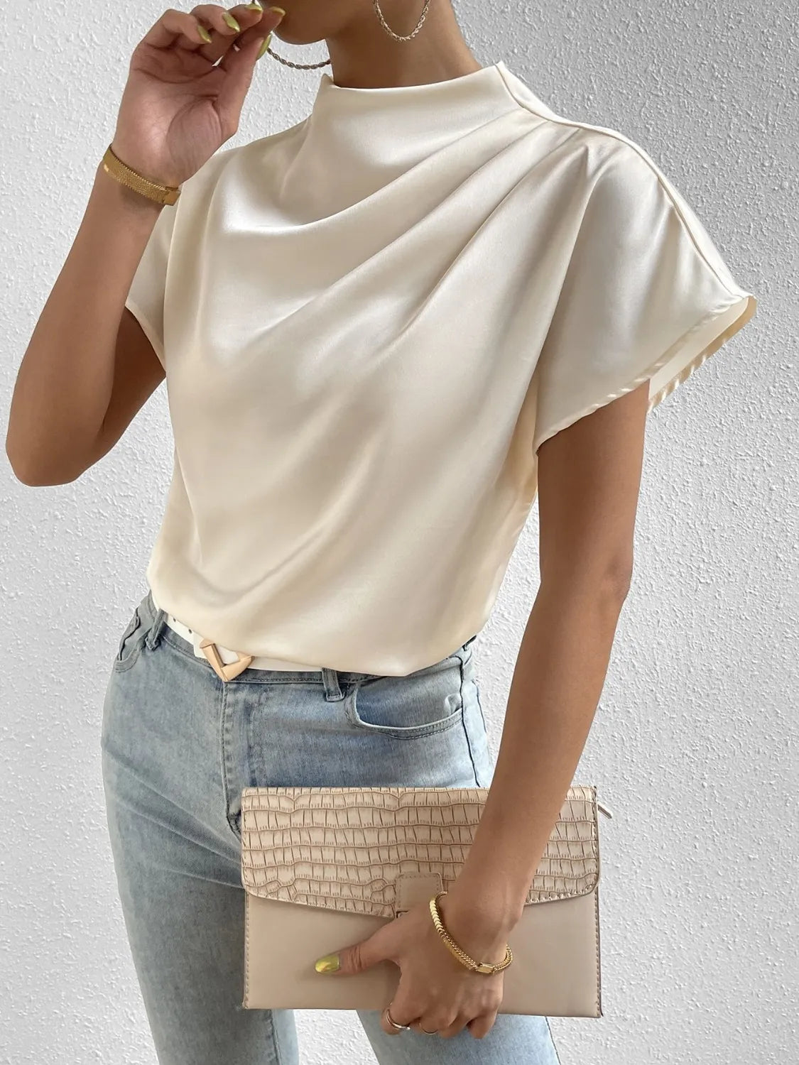 Satin Blouse Mock Neck Pleated Short Sleeve Basic Style Top aba99cc0-9d07-42c5-8793-dad0186501ce-Max-Origin Trendsi