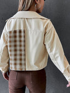 Plaid Wome's Jacket Cropped Color Block Beige Snap Down Flap Pockets Long Sleeve abae7a56-9c1e-4862-8dbe-b84400c1563c-Min Trendsi