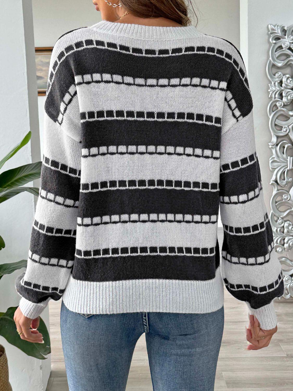 Striped Sweater Round Neck Long Sleeve Knitwear abb054c6-67fe-409f-b8f7-9ab1bd9f89e2-Max Trendsi