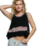 POL Floral Print Patche Round Neck Ribbed Tank with Double Gauze Ruffle Accents
