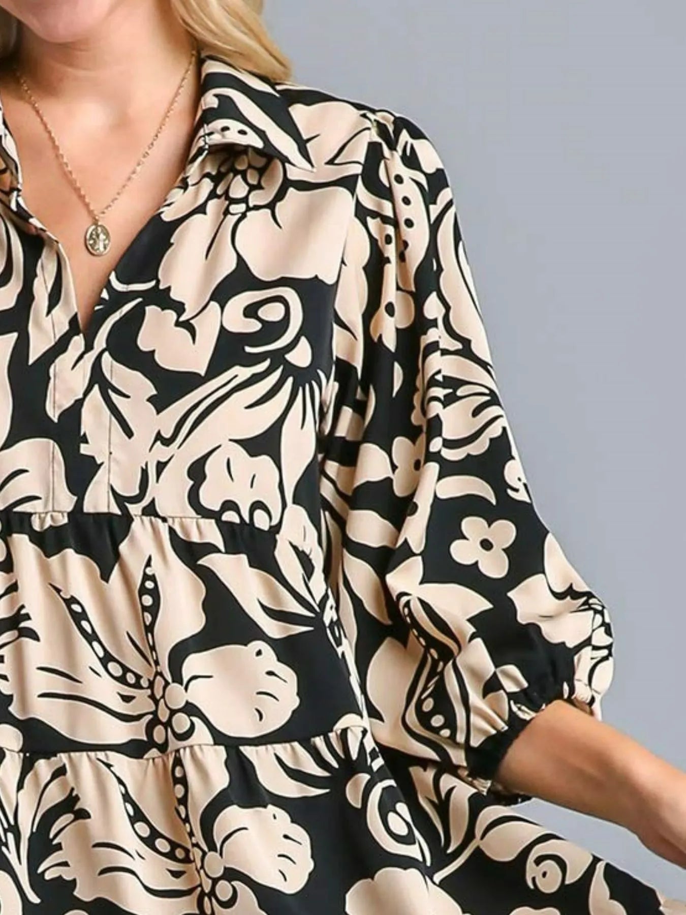 Umgee Midi Dress Black Floral Print Tiered Collared 3/4 Sleeve Ruffled abc2129a-e5ac-4090-95d6-ff8ec16e6282-Max-Origin Trendsi