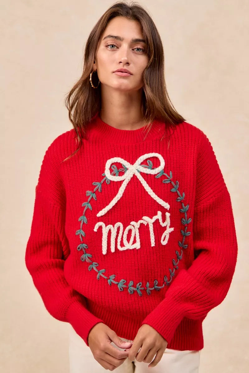BiBi Christmas Womens Pullover Red Wreath Merry Letter Knit Top abc37c8defaf464e84d7630010e60f95-Max-Origin Trendsi