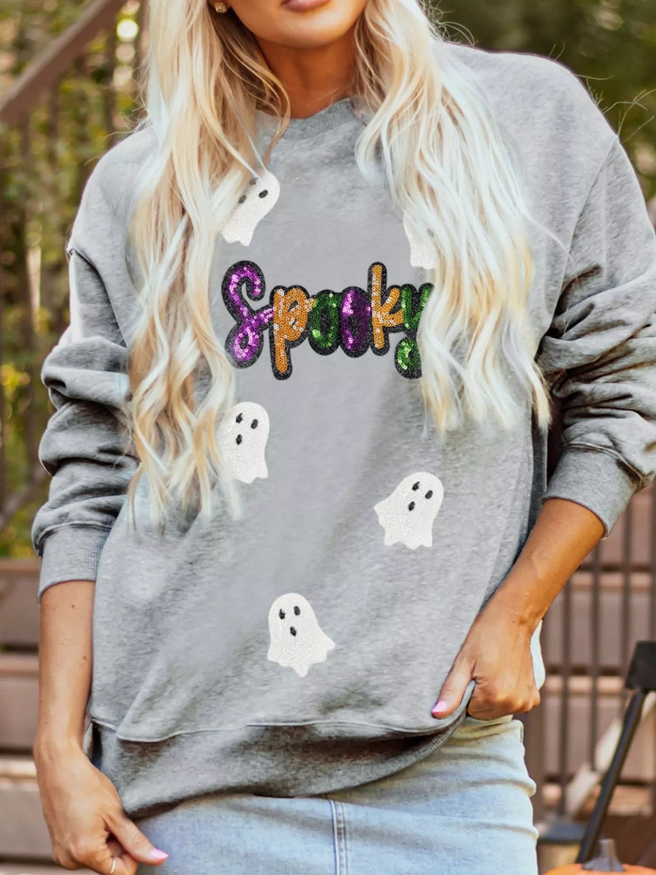 Halloween Women's Sweatshirt Spooky Ghost Sequin Gray Pullover abc70286-bfa5-4166-a38d-2a36ff485ab0-Max-Origin Trendsi