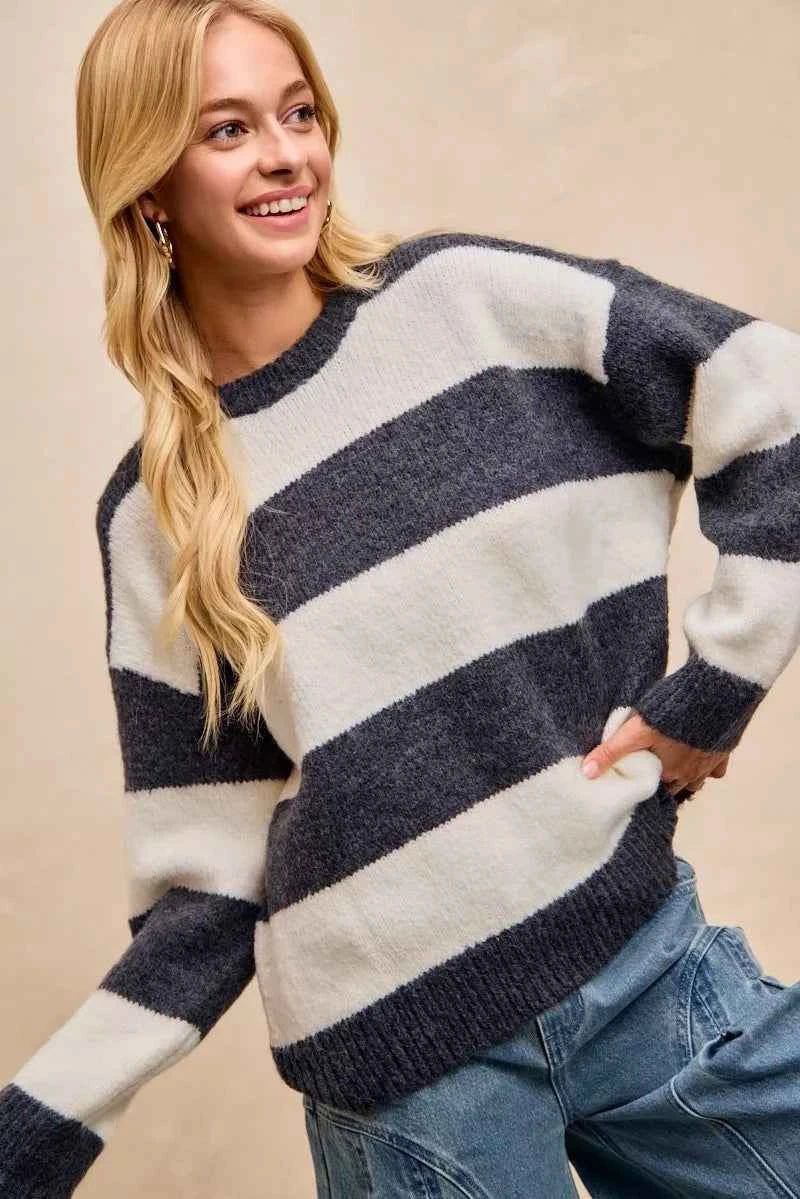 BiBi Wide Stripe Fuzzy Knit Round Neck Sweater