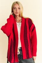 Davi & Dani Cable-Knit Cardigan Burgundy Stripe Women Loose Open Knitwear abccebed-6d2d-42ec-88c1-5d49ba68b4e9-Max Trendsi