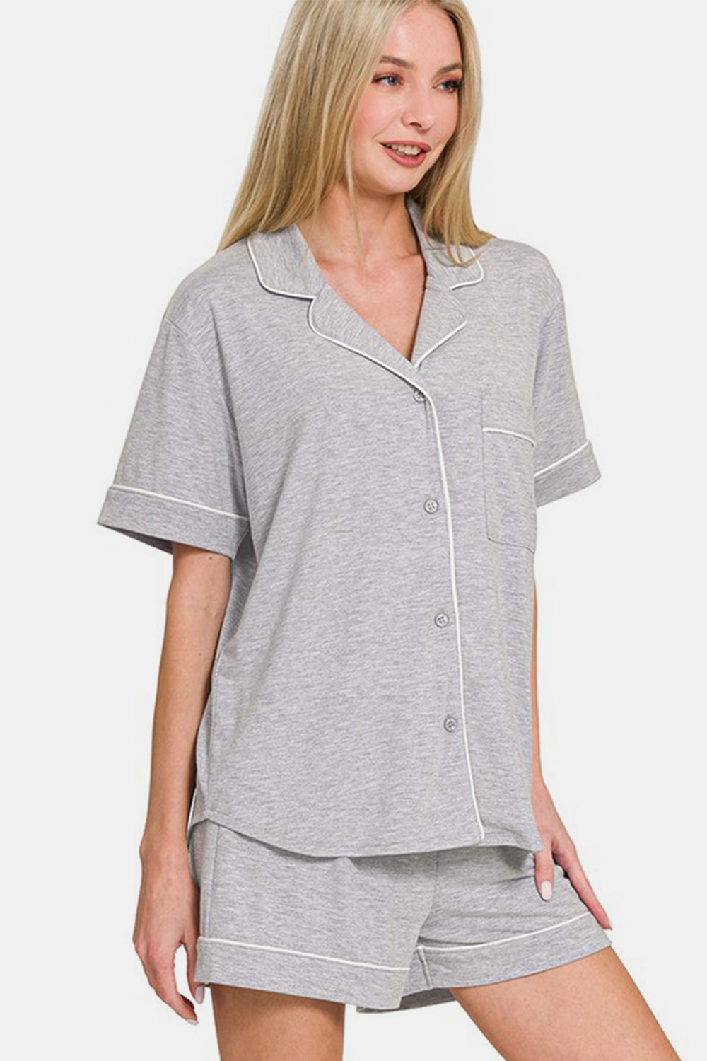 Zenana Lounge Set Light Gray Button Down Short Sleeve Top and Shorts