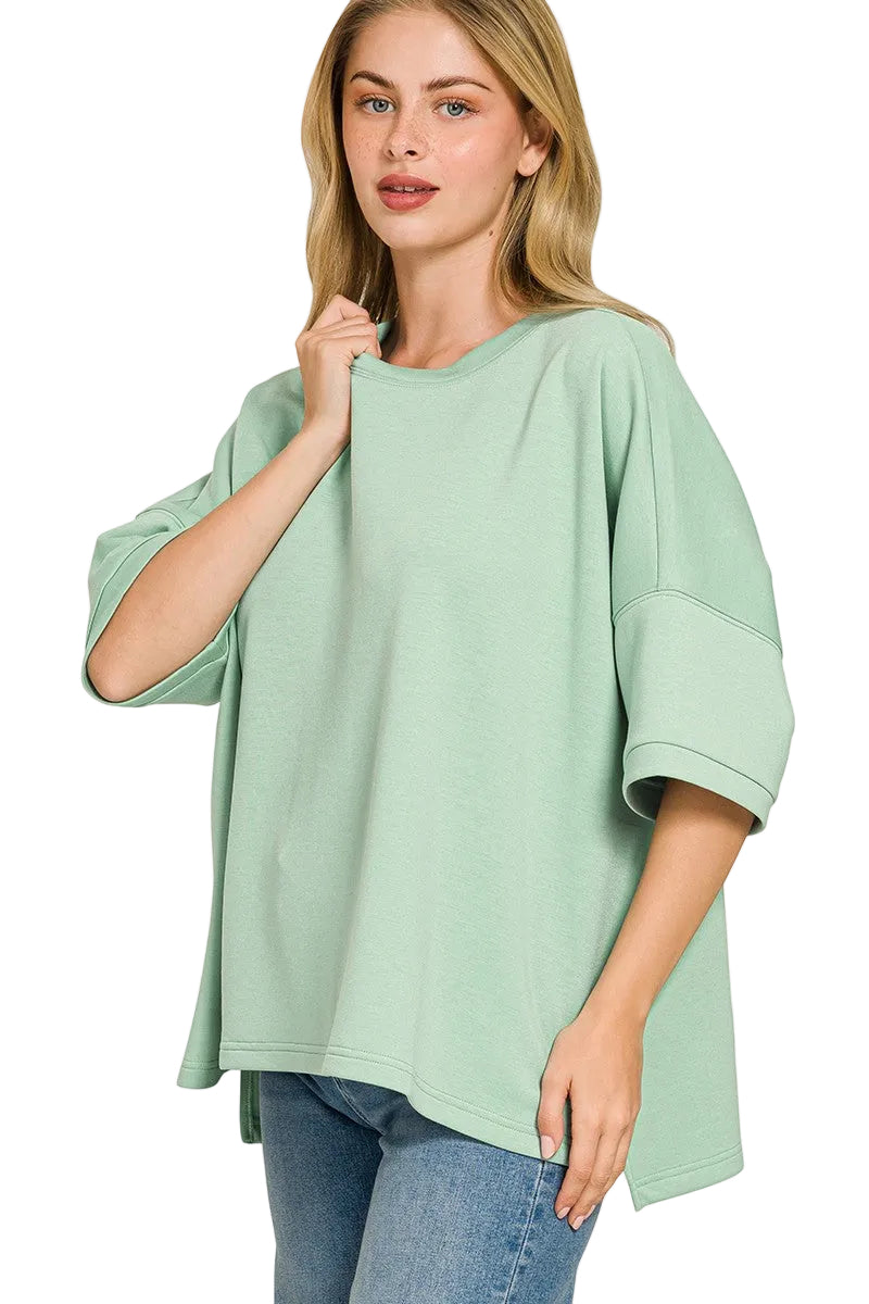 Zenana Plus Size Full Length Scuba Fabric Round Neck Top with Side Slits