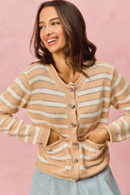SO ME Women Sweater Cardigan Stripe White Beige Long Sleeves Buttoned abdb866534f94614bbb3e49aa48a7bec-Max-Origin Trendsi