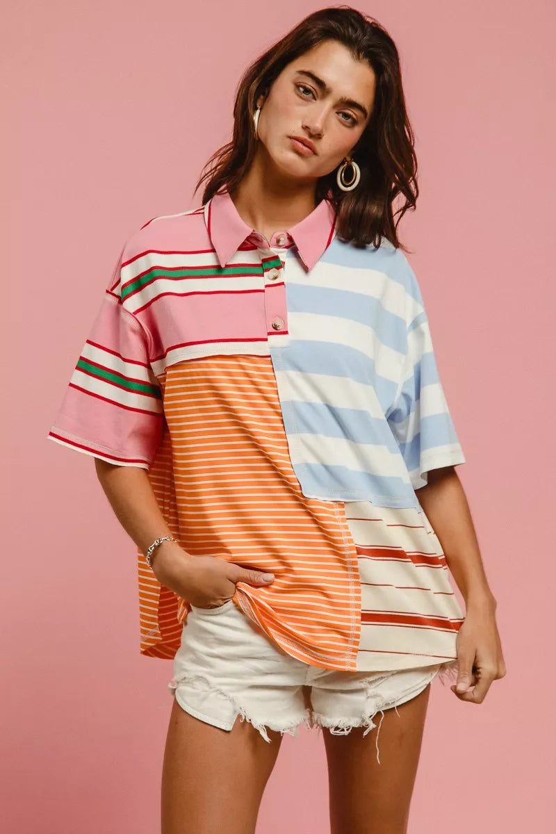 BiBi Women Shirt Mix And Match Stripe Color Block Short Sleeve Top abdf7a28e18544b590b0c778dce2695b-Max-Origin Trendsi