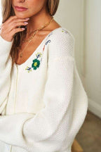 Davi & Dani White Cardigan Flower Embroidered Button Up Long Sleeve Knitwear abf8fccd-3199-4657-bd5f-6a163b24a5de-Max Trendsi