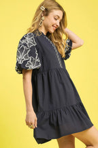 Umgee Mini Dress Cotton Dark Gray Tiered Embroidered Puff Short Sleeve ac09a9f1-cdaf-46d1-ac77-0b79329b6e55-Max-Origin Trendsi