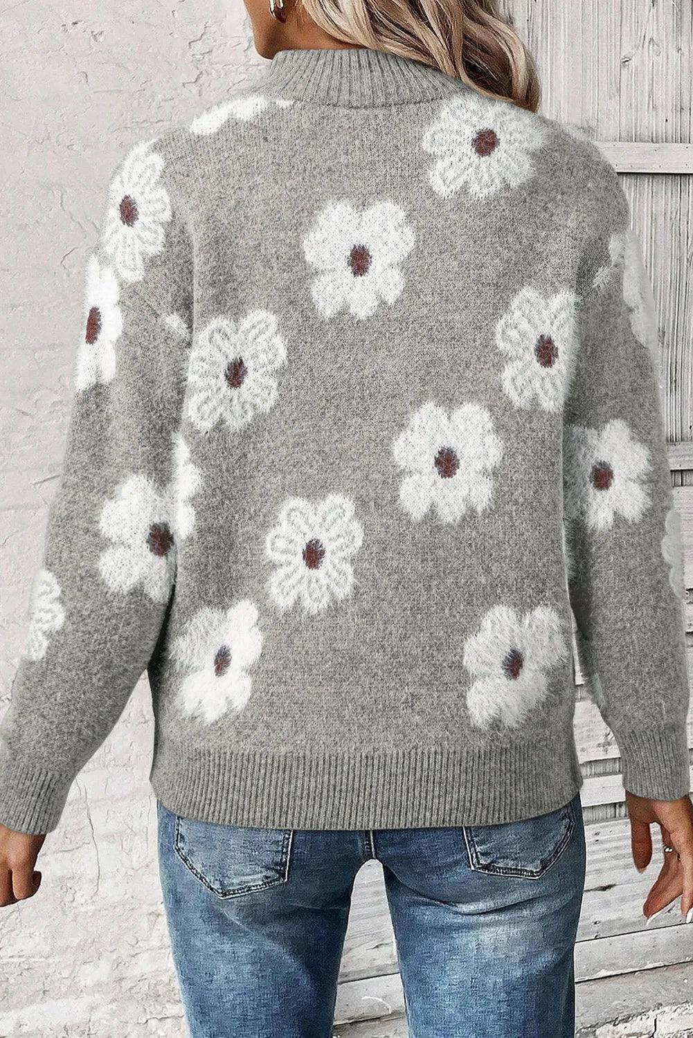 Sweater Flower Turtleneck Half Zip Long Sleeve Knitwear ac0d6c2d-2137-4b96-b4bf-4e84d4db2066-Max Trendsi