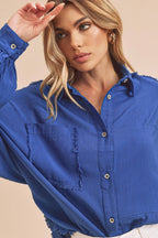 Aemi+Co Shirt women's Raw Edge Exposed Seam Long Sleeve Cotton Royal Blue ac14d261-c61e-4785-aa2d-62e384b2f6f9-Max Trendsi