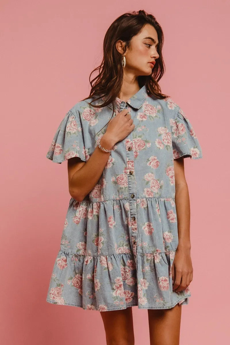 BiBi Shirt Dress Ruffle Light Denim Floral Print Washed Lightweight Tiered ac164f145bb94a5e9988299787f31bbf-Max-Origin Trendsi