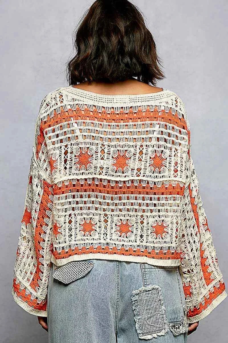 POL Crochet Top Ivory Orange Long Sleeve with Granny Square Weaving ac1e2eab-5a2a-41cb-a7e0-ffbe95868202-Max-Origin Trendsi