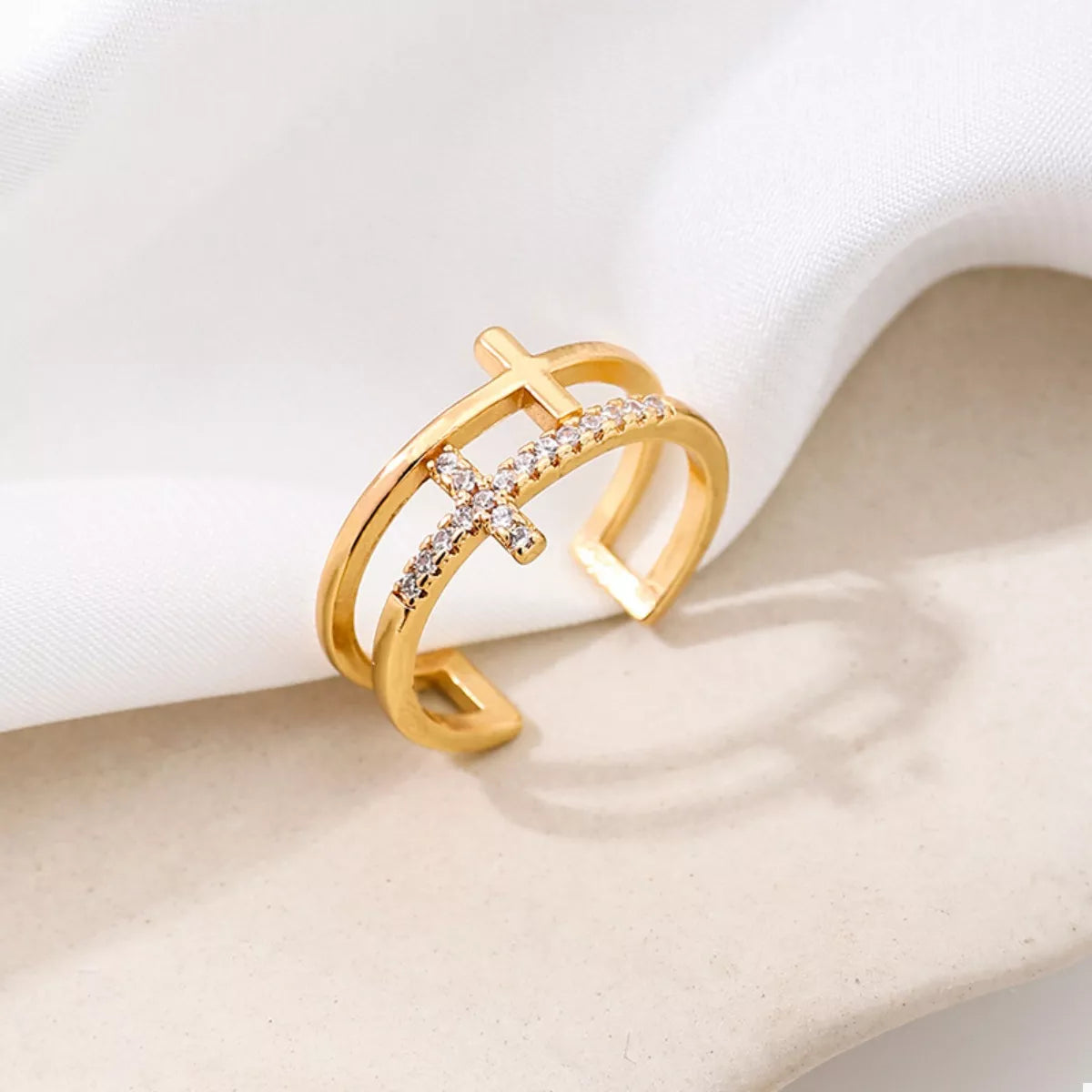 Cross Open Ring 18K Gold-Plated Rhinestone Gold Jewelry ac226969-4bec-40ef-87e7-1d00f5631bbf-Max-Origin Trendsi