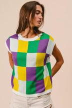 BiBi Womens Sweater Knit Top Mardi Gras Checker Pattern Sleeveless ac2da0c67b3c417aabd2e0693bf278d8-Max-Origin Trendsi