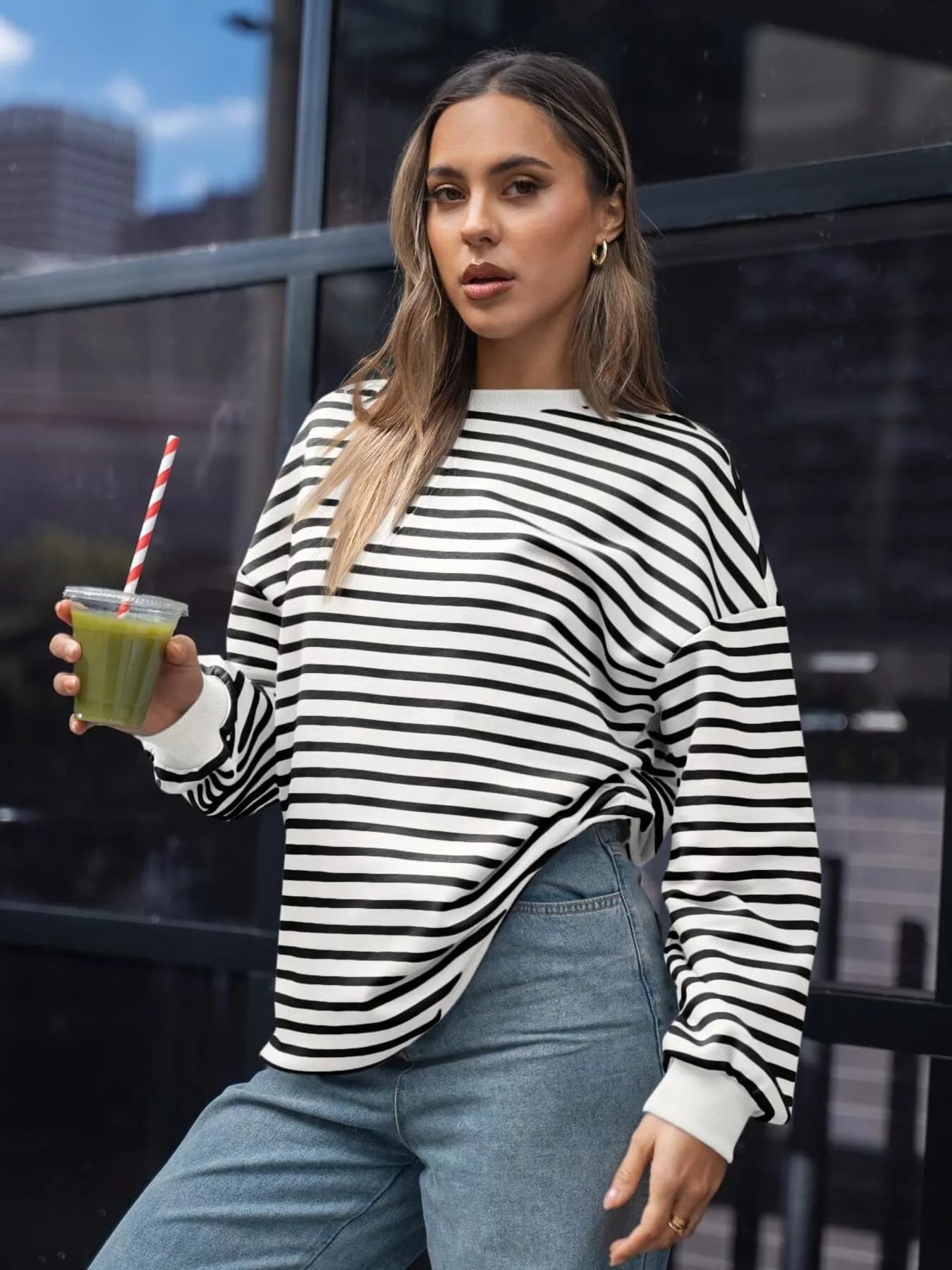 Women's Sweatshirt Striped Round Neck Oversized Casual Pullover ac3381263bd24955a0cedc67cf4286de-Max-Origin Trendsi