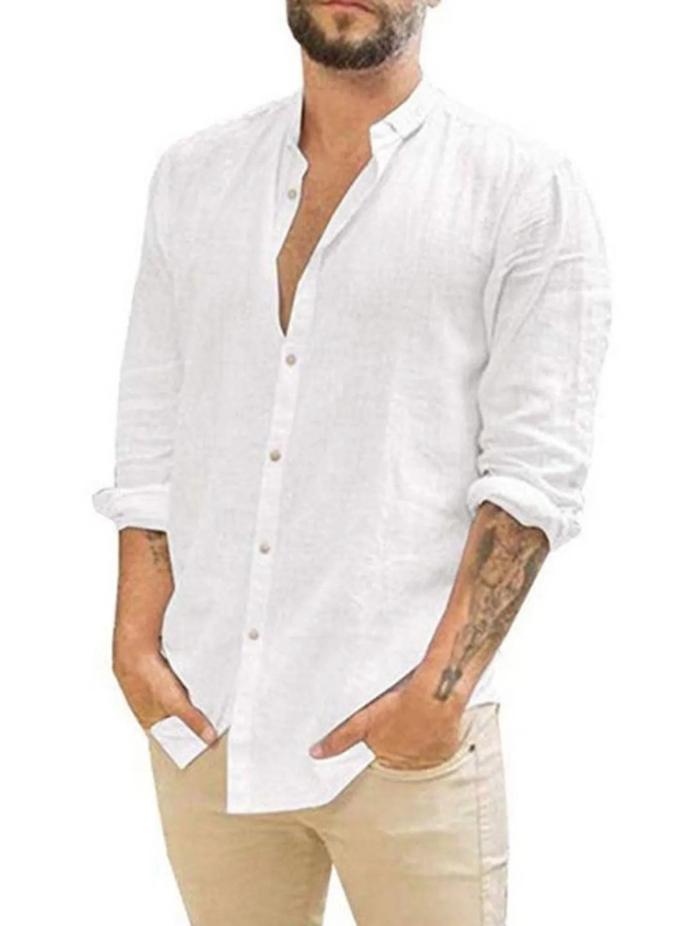 Men's Casual Cotton Shirt Roll Tab Sleeves Lightweight Breathable Tops White ac35a0a7-1421-47c9-97b2-c7e6345096e9-Max-Origin Trendsi
