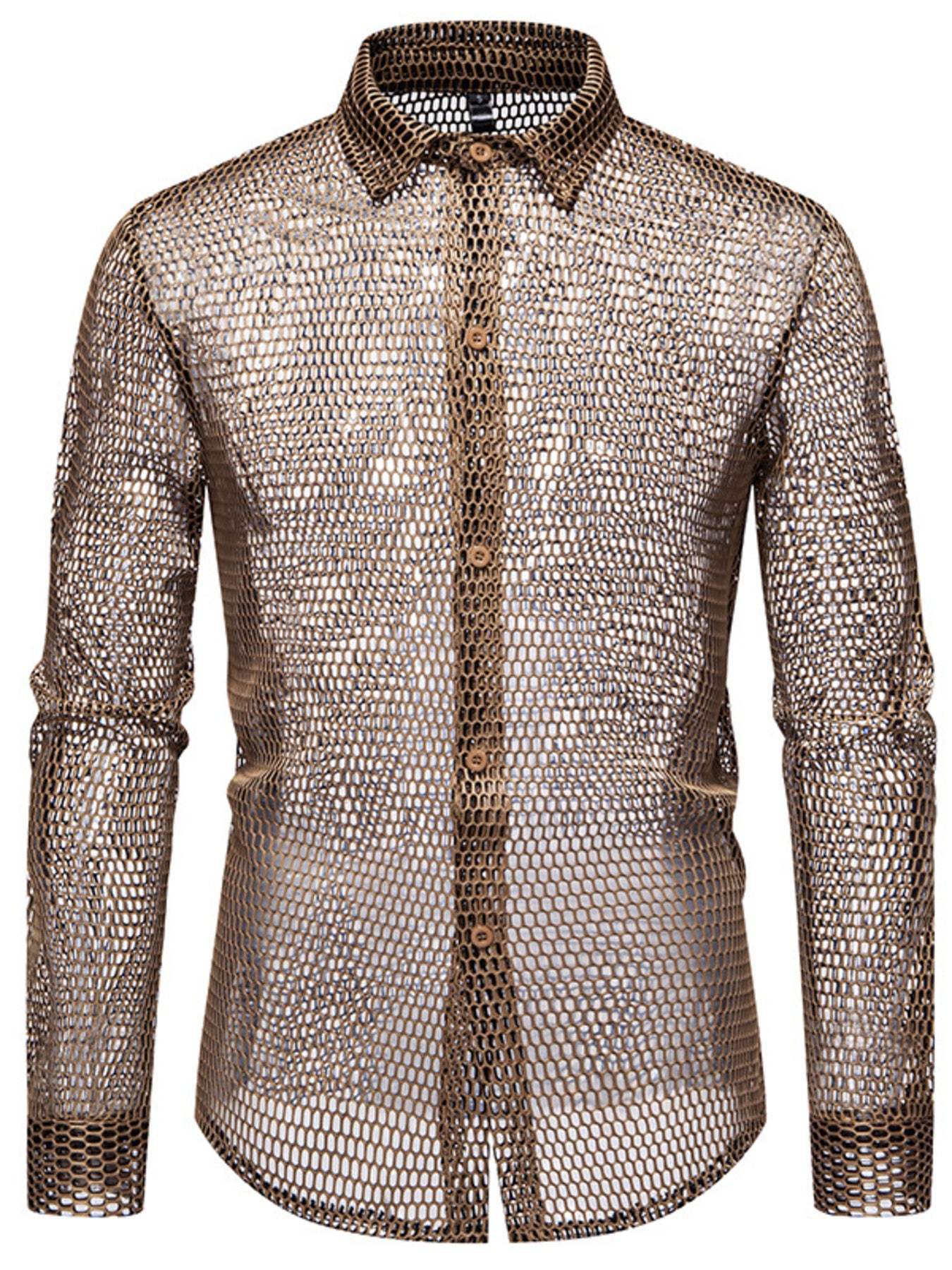 Men's Sheer Mesh Long-Sleeve Shirt with Button Closure