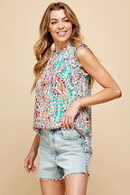 Lime 'N' Chili Top Floral Graphic Print Ruffle Trim Mock Neck Sleeveless ac3e0009-f7b3-4733-8b50-ef154a5ac0fa-Max-Origin Trendsi