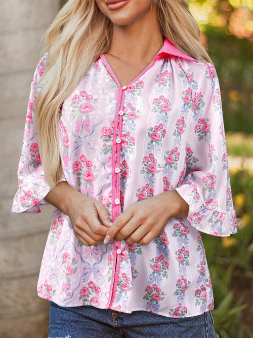 Floral Collared Ruffled Half Sleeve Shirt