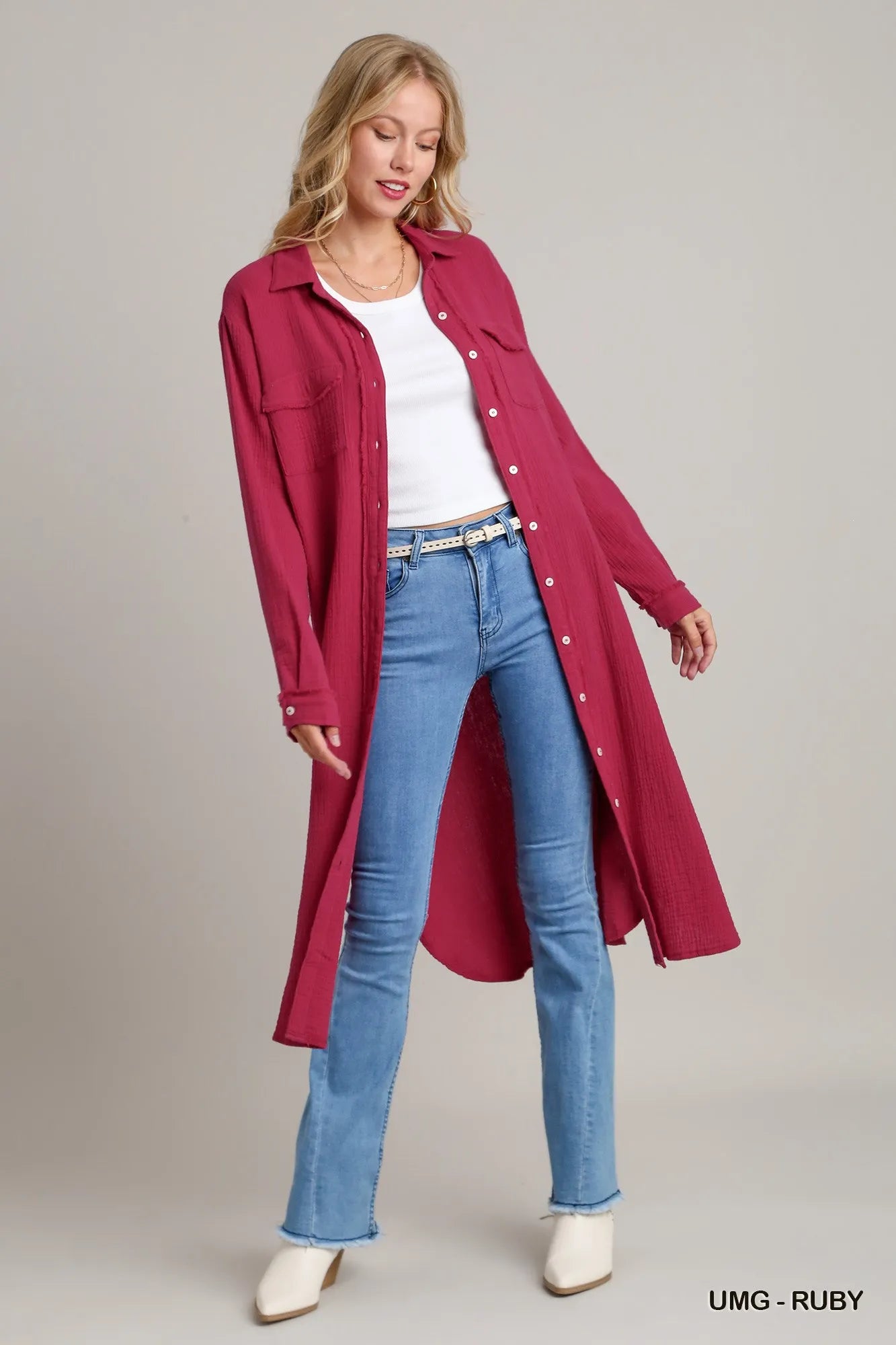 Umgee Shirt Dress Cotton Gauze Button Up Ruby Red Oversized Long Sleeve ac44843e-103e-4d6e-b5f6-6290e73ea90a-Max-Origin Trendsi