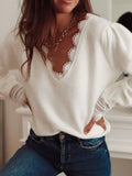 Women's Sweater White Soft Knit V-Neck Lace Trim Long Sleeve Pullover White ac45b25f793843fba3acc3302cef8ccc-Max-Origin Trendsi
