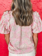 Floral Blouse Ruffle Tie Neck Puff Short Sleeve Blush Pink Top ac462bc2-faeb-4c52-96ee-cbd6d8c8601d-Max Trendsi
