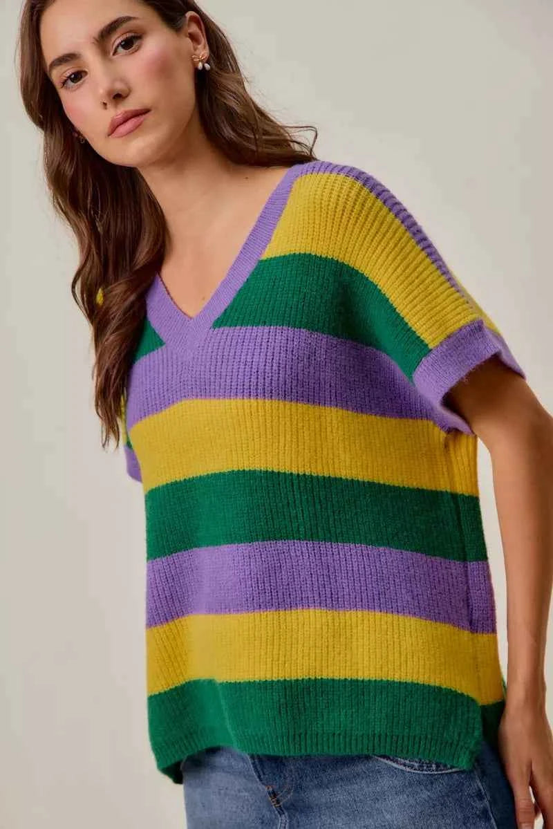 SO ME Women Sweater Purple Mix Mardi Gras Loose Fit V Neck Stripe Top ac4a7bb7fe6f4deab112a61037410a7c-Max-Origin Trendsi
