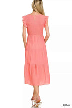 Zenana Midi Dress Coral Woven Smocked Ruffle Short Sleeve ac4fbd67934543e7ba2ec1918170a9ce-Max-Origin Trendsi