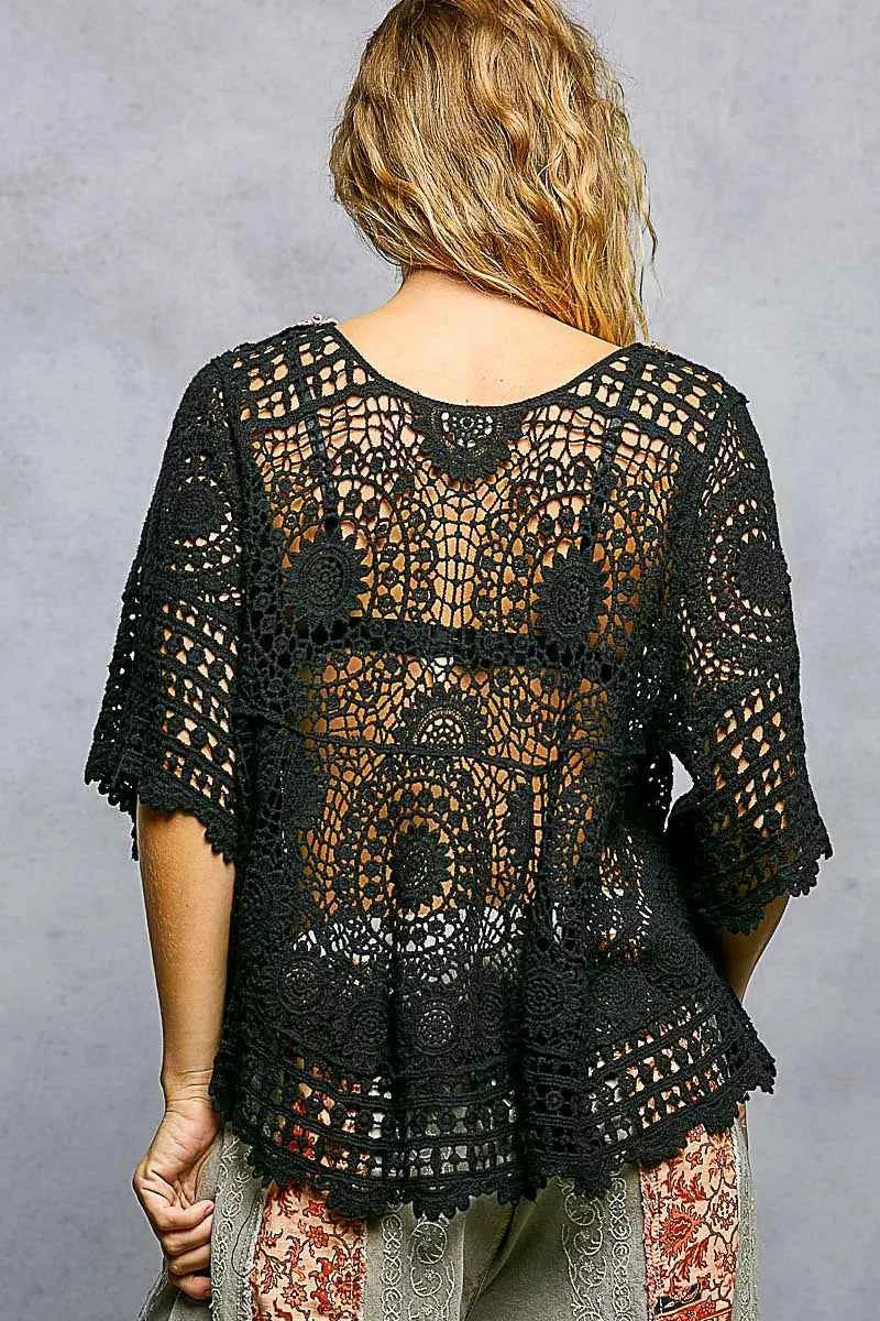 POL V-Neck Crochet Top with Scalloped Hem