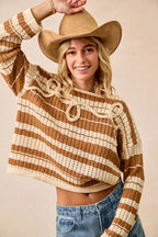 BiBi Womens Brown Striped Open Knit Sweater Top with Front Braided Detail ac62f8d6380d4dfc9fad8d26f49bb426-Max-Origin Trendsi