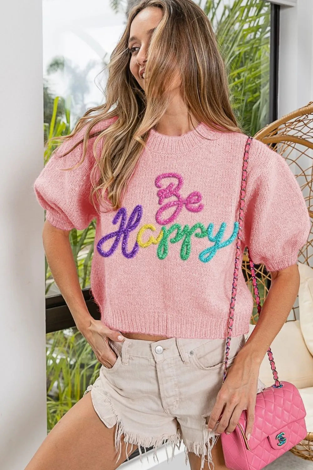 BiBi Hairy Sweater Be Happy Metallic Letter Short Puff Sleeve Knit Top PINK ac717f6f-7026-406a-8aa2-75ca8d3c7bc2-Max-Origin Trendsi