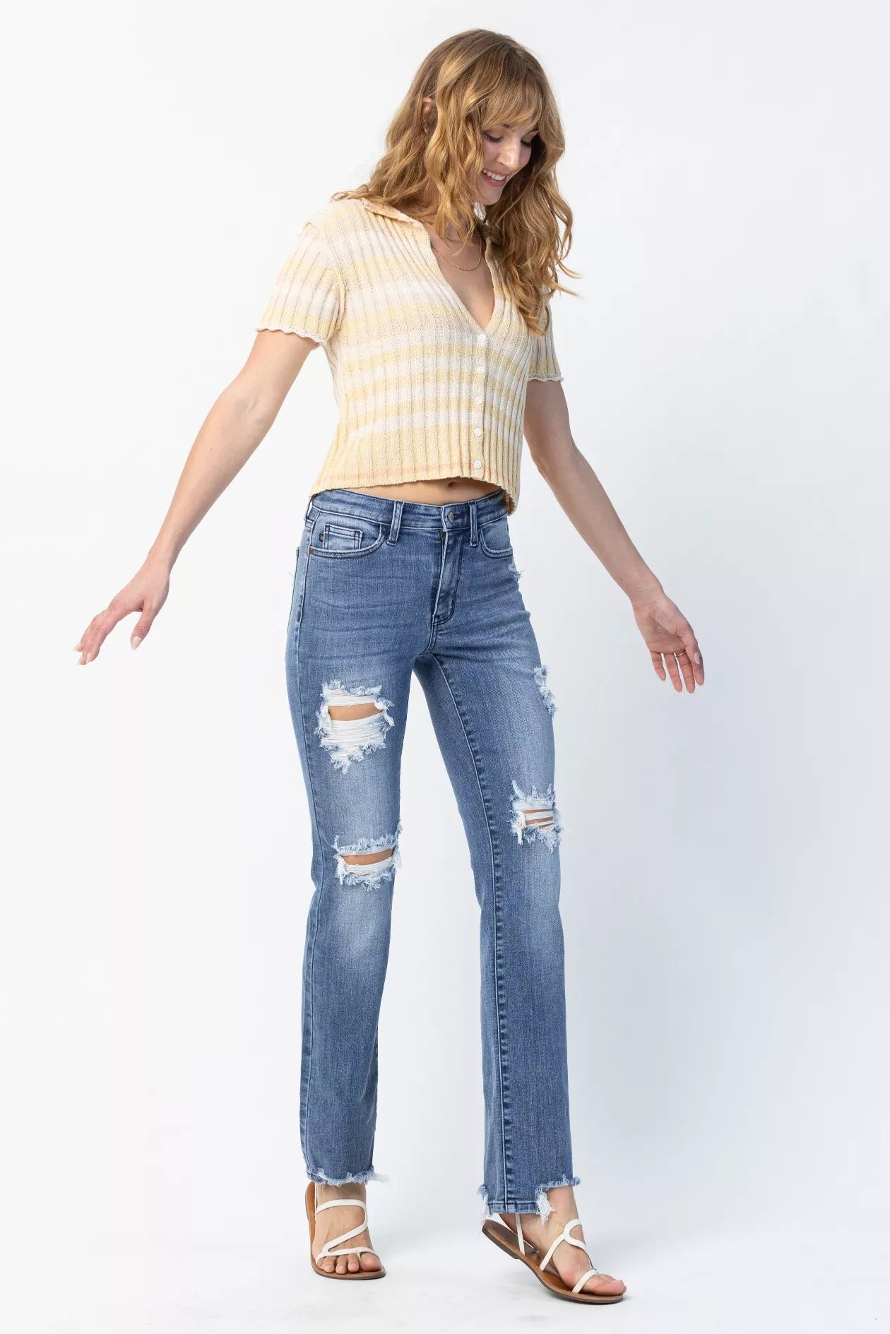 Judy Blue Straight Jeans Medium Wash Mid Rise Destroy Plus Sizes Denims ac7d8420-180b-46b6-a631-559938c0fd63-Max-Origin Trendsi