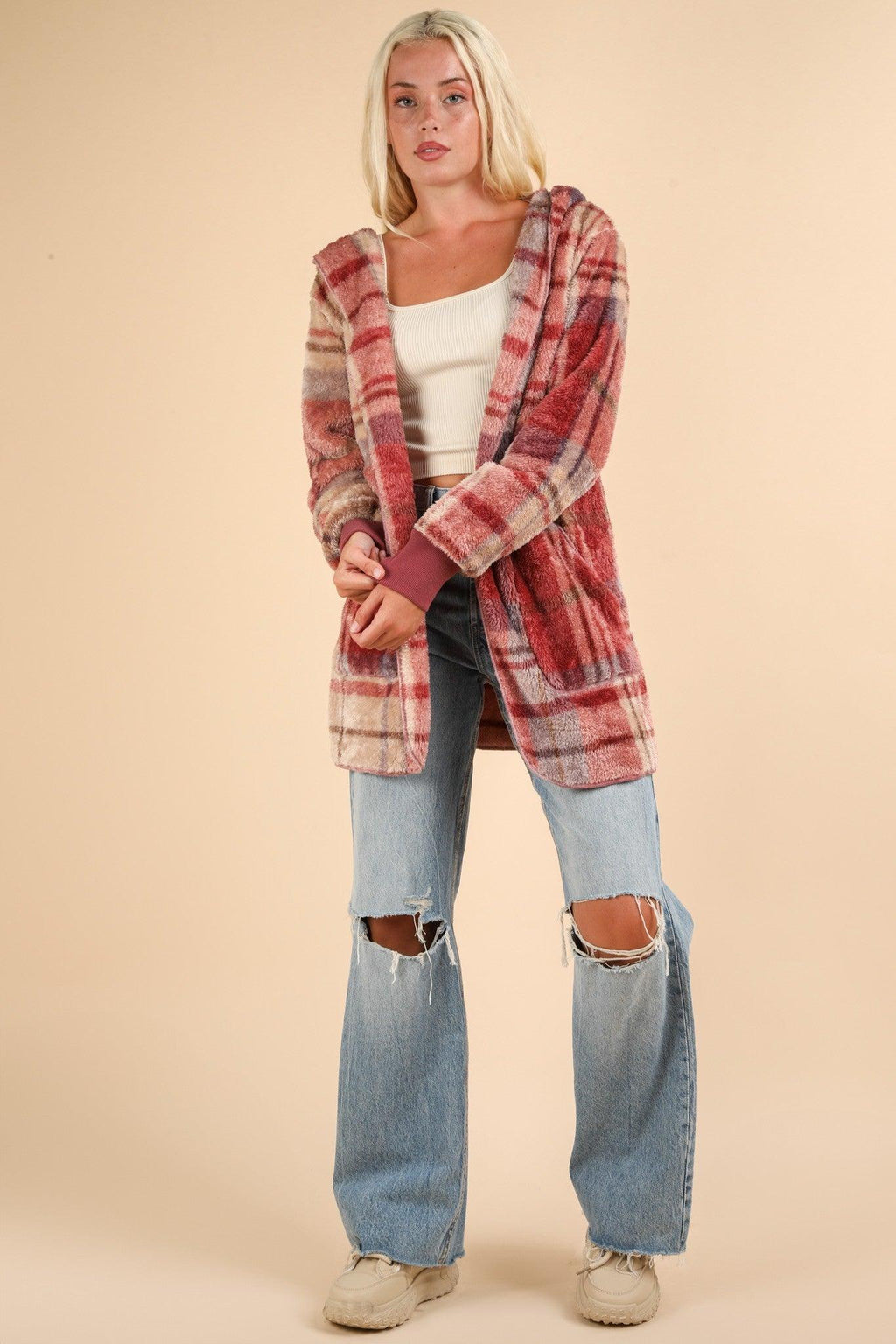 VERY J Fuzzy Plaid Long Sleeve Hooded Jacket Open Pocketed ac80a3e3-2ffd-47c4-955e-9b3344634d62-Max Trendsi