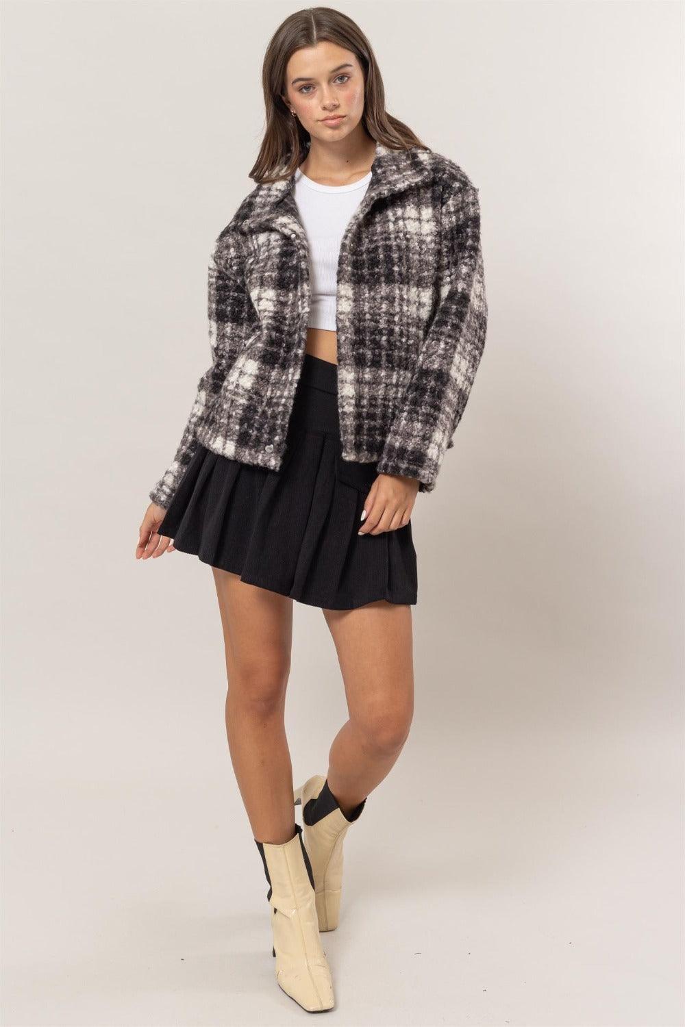 HYFVE Plaid Jacket Collared Neck Boucle with Pockets Long Sleeve ac903bec-70d7-42e8-a7d9-209c734ae34d-Max Trendsi