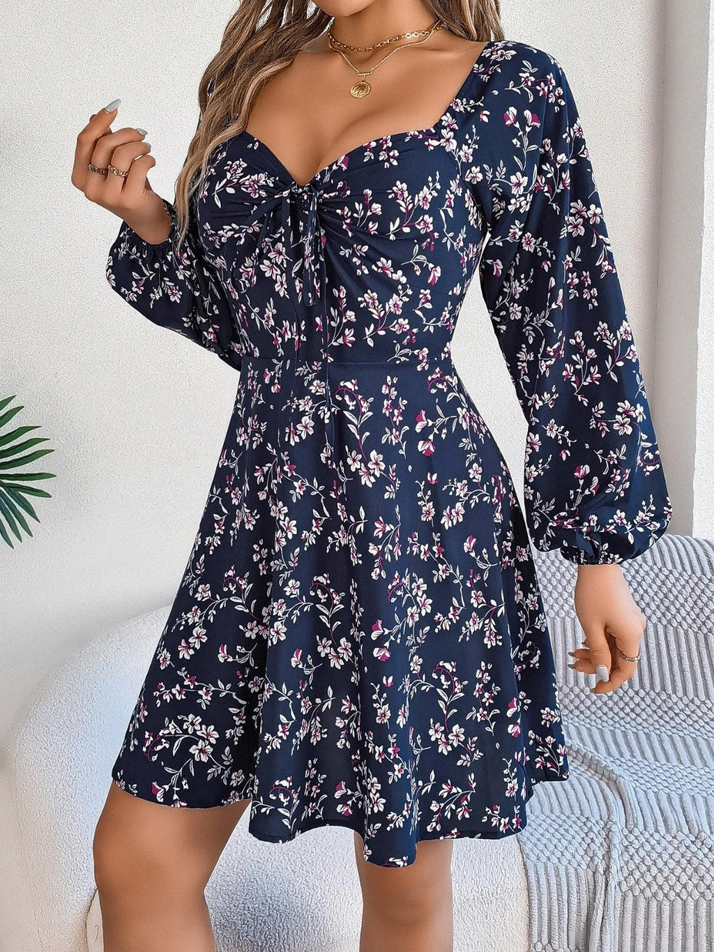 Mini Dress Floral Printed Sweetheart Neck Balloon Sleeve ac95c9f1-0ace-4beb-b6ba-480958107cf7-Max Trendsi