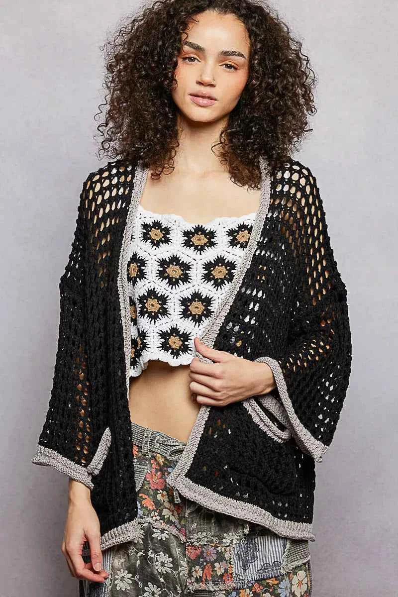 POL Open Front Openwork Cardigan with Contrast Trim