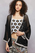 POL Open Front Openwork Cardigan with Contrast Trim