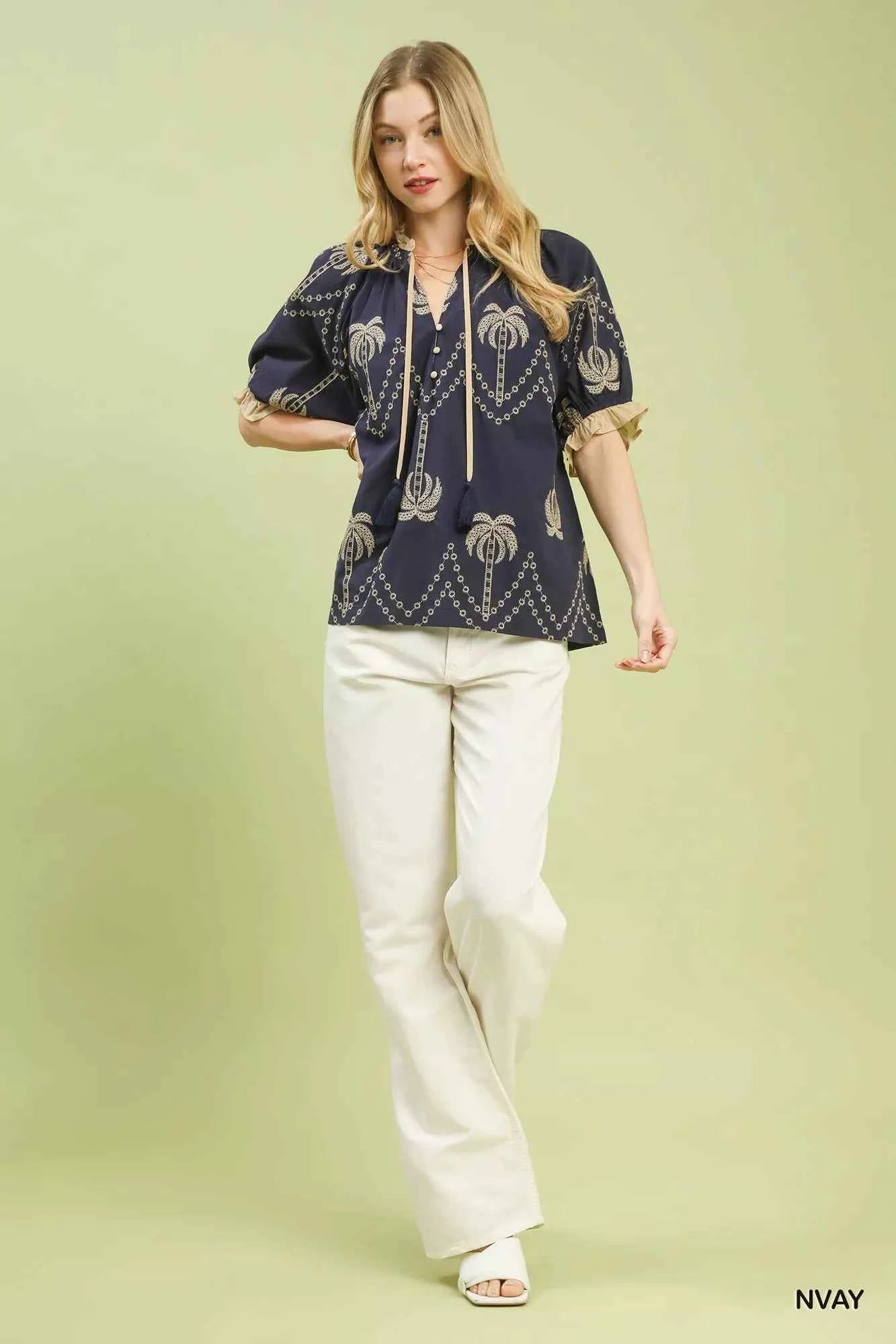 Umgee Blouse Embroidered Palm Print Tassel Tie Navy Short Sleeve Top aca4186b-bbd4-4d18-aefb-30615890b2e0-Max-Origin Trendsi