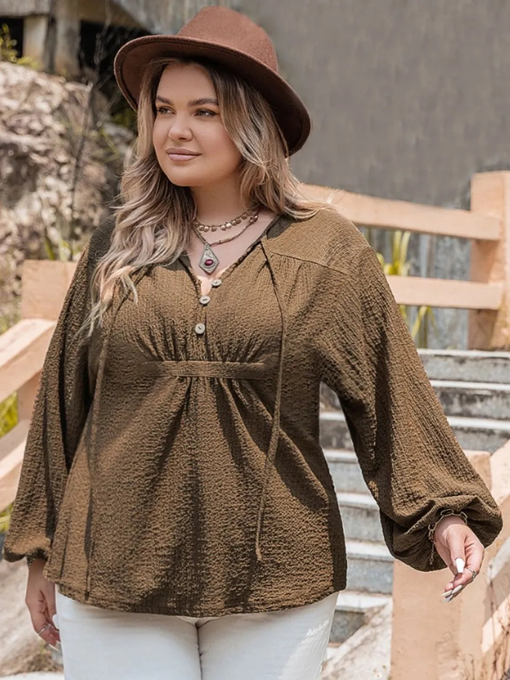 Plus Size Long Sleeve Blouse with Tie Neck