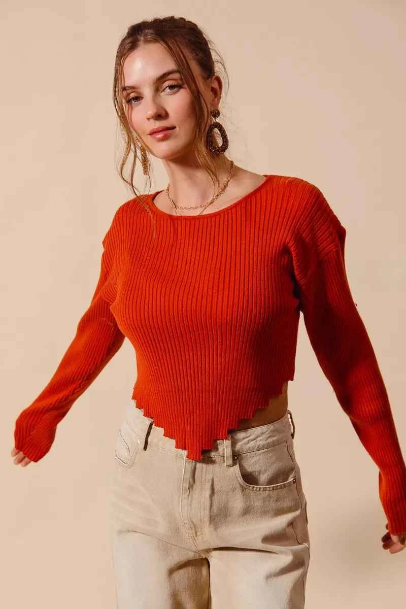 SO ME Women Rib Knitted Crop Sweater Top Red With Shaped Hem Long Sleeve acbb9b56-c699-4e31-87dc-c5ee571ec09d-Max-Origin Trendsi