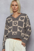 POL Women's Sweater V-Neck Heart Pattern Checkered Oversized Pullover acbf0fe6-abc0-4ba5-81bd-c00633a7c1ba-Max-Origin Trendsi