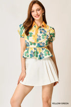 Umgee Cropped Blouse Yellow Green Floral Print Puff Sleeve Buttoned Top YELLOW GREEN acc2866a-a0b4-44b5-86d9-c219225830a3-Max-Origin Trendsi