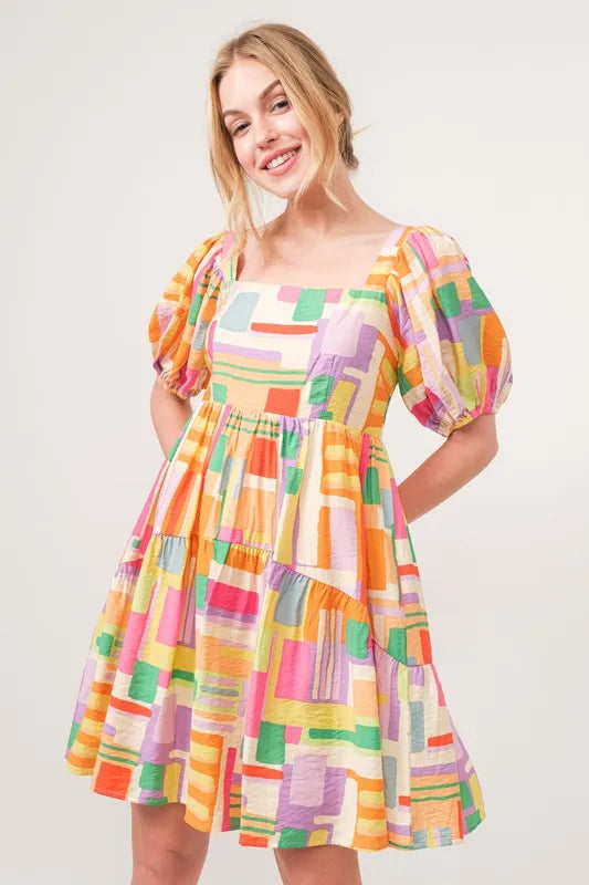 And The Why Mini Dress Geo Yellow Colorful Printed Square Neck Puff Sleeve Yellow Multi acc2e0b55b7d4ed8ad449a6f81c52c8a-Max-Origin Trendsi